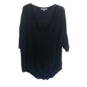 Black Top Tunic Speckled Pattern 3/4 Sleeve‎ V Neck Womens